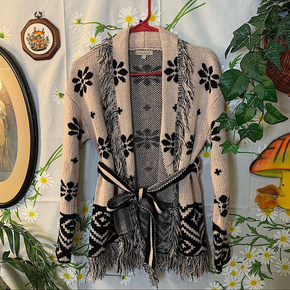 WAVERLY boho pink black flower tie waist cardigan